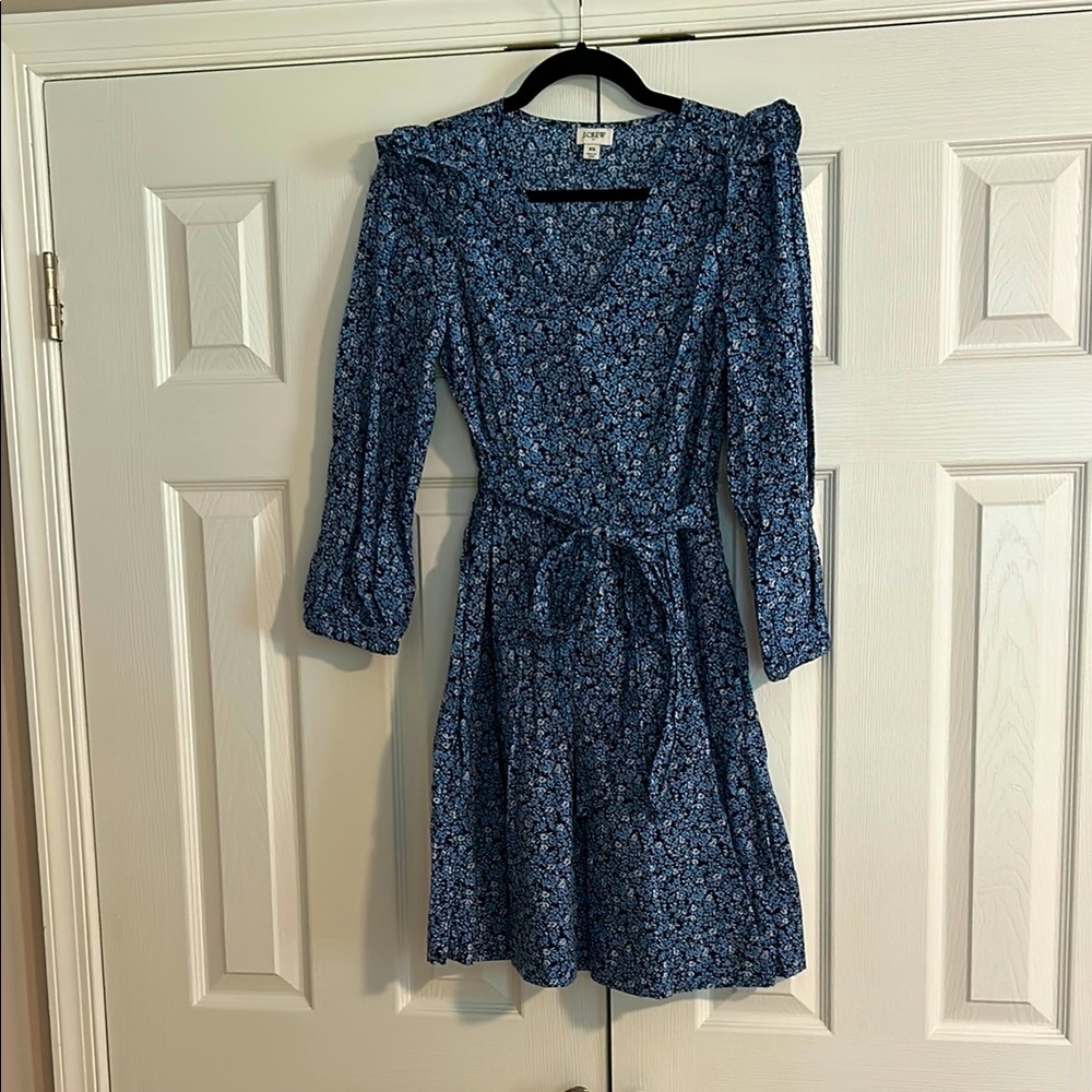 J. Crew Blue Floral Bishop Sleeve V-Neck Dress